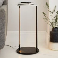 Dunelm Aiko Side Table With 1 LED Light Black And Faux Marble